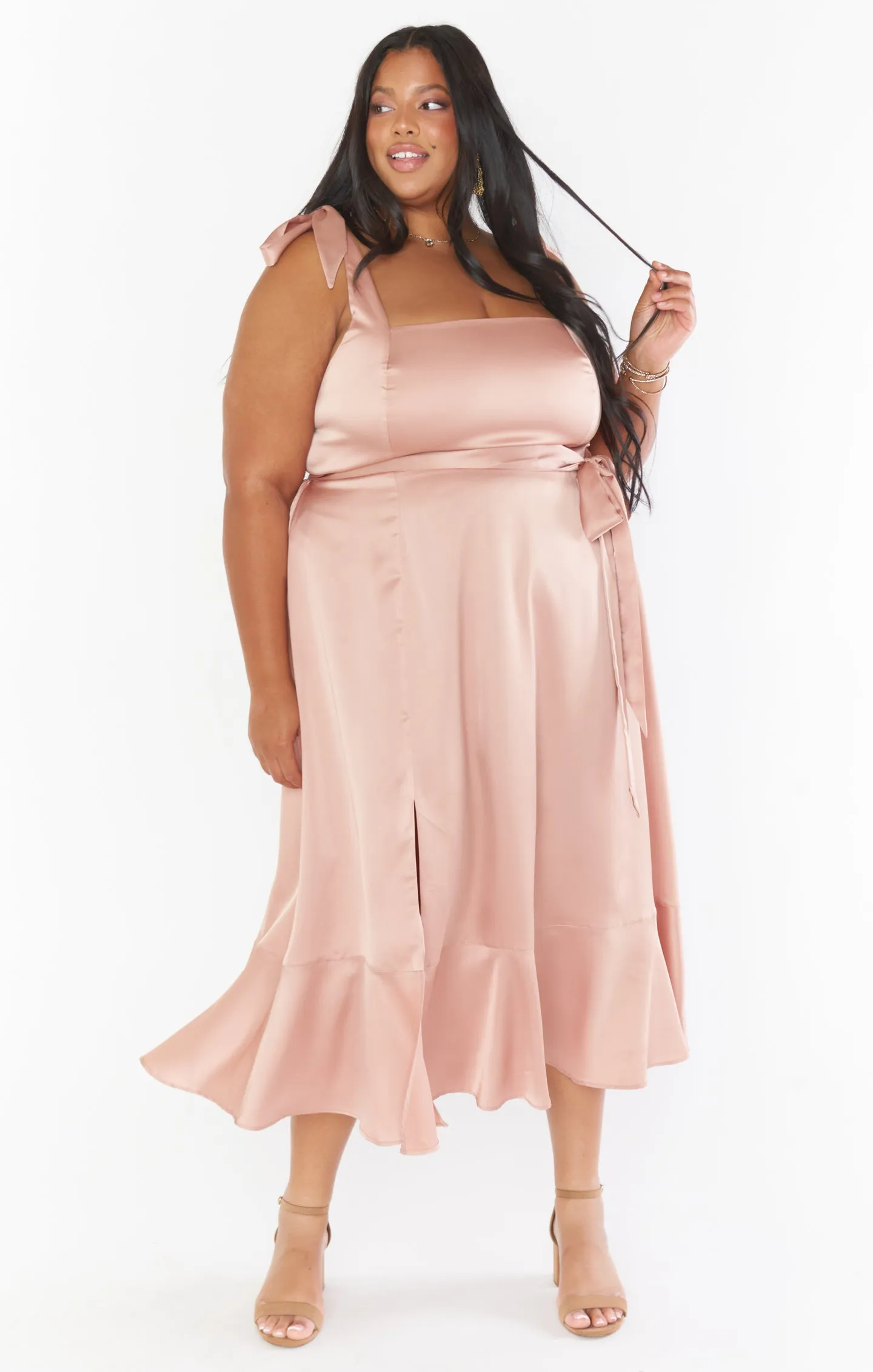 Claire Midi Dress ~ Rose Gold Luxe Satin