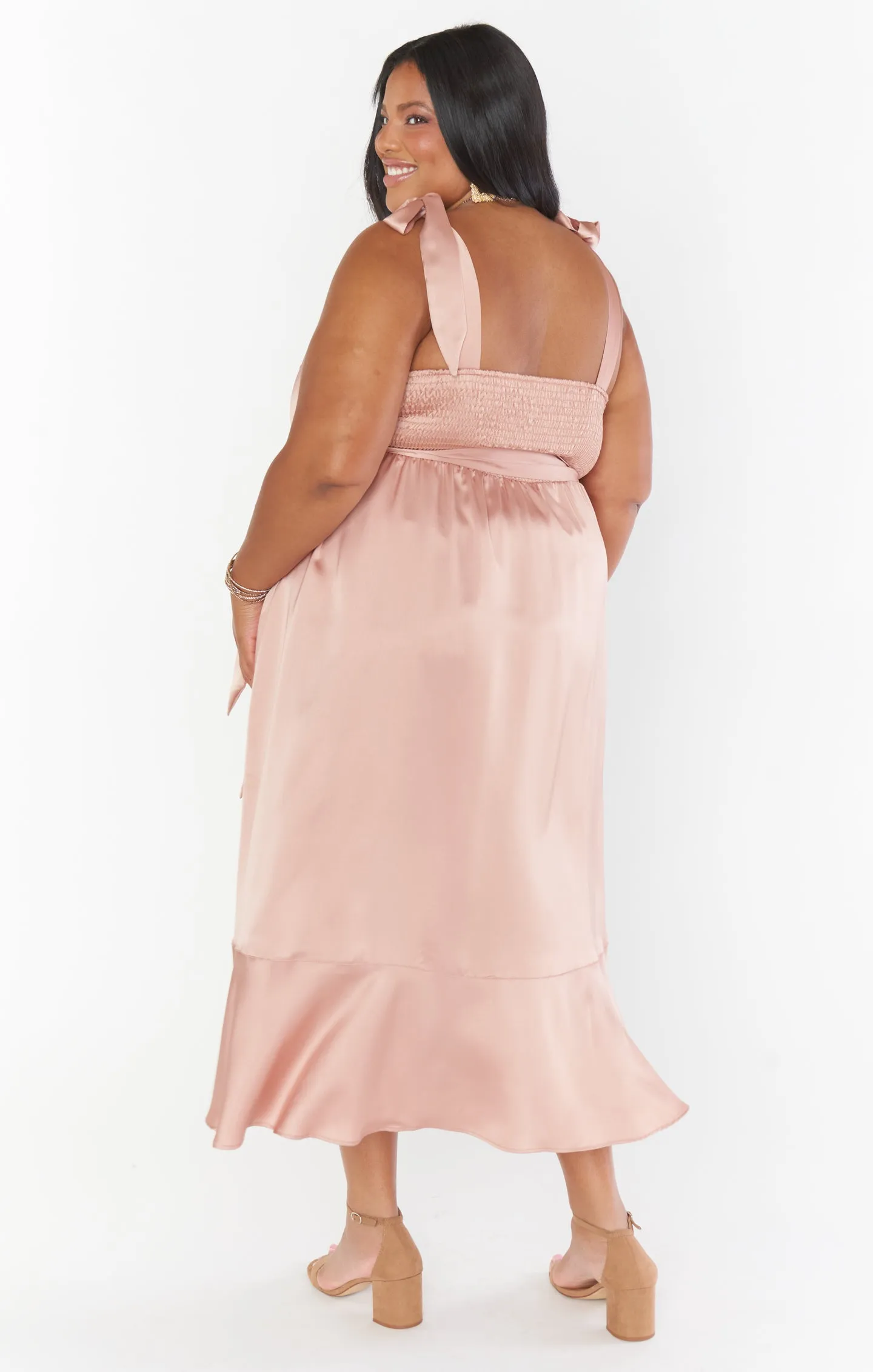 Claire Midi Dress ~ Rose Gold Luxe Satin