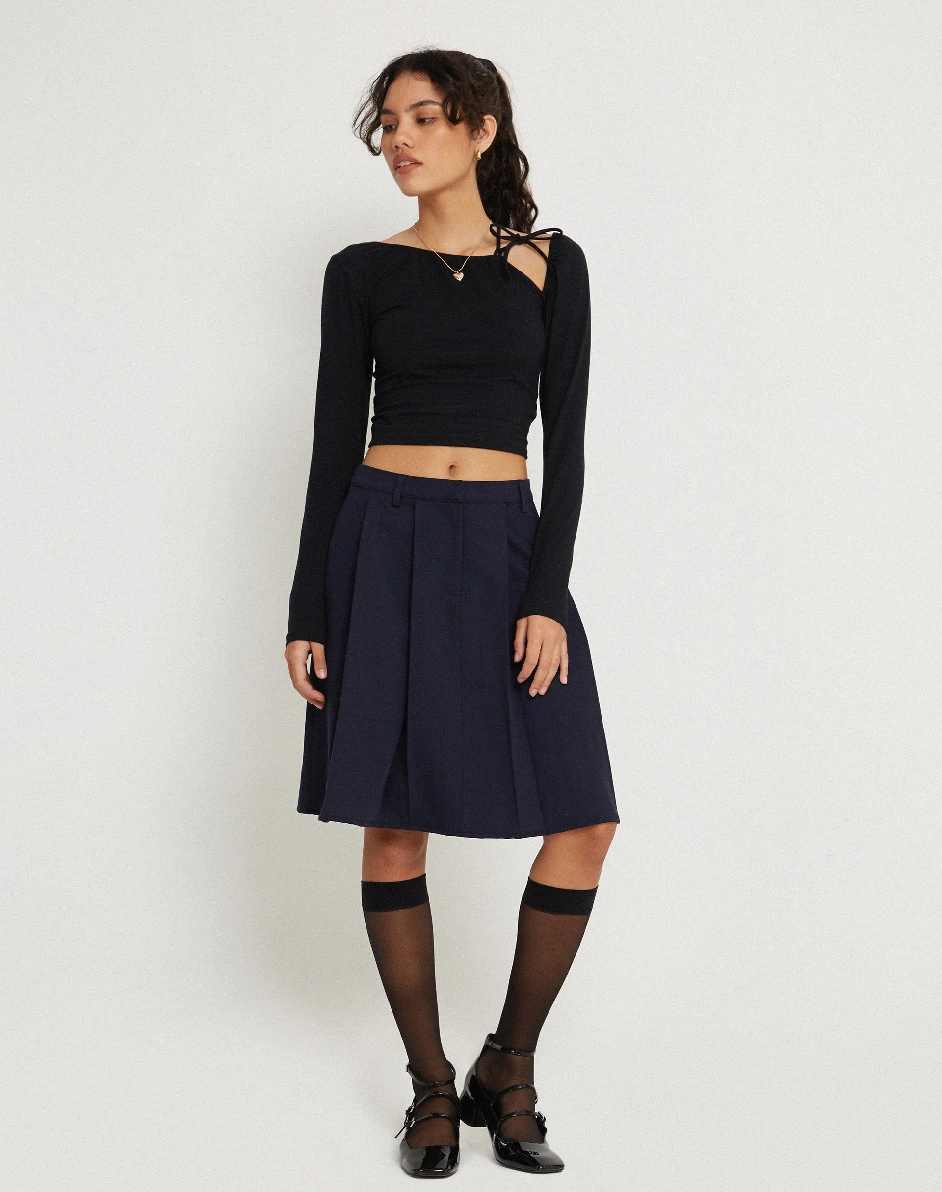 Colette Pleated Knee Length Skirt in Navy