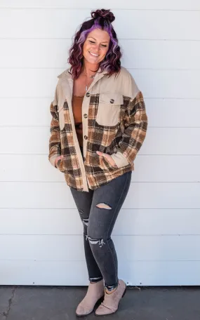 CORDUROY PLAID SHERPA JACKET COAT - Final Sale