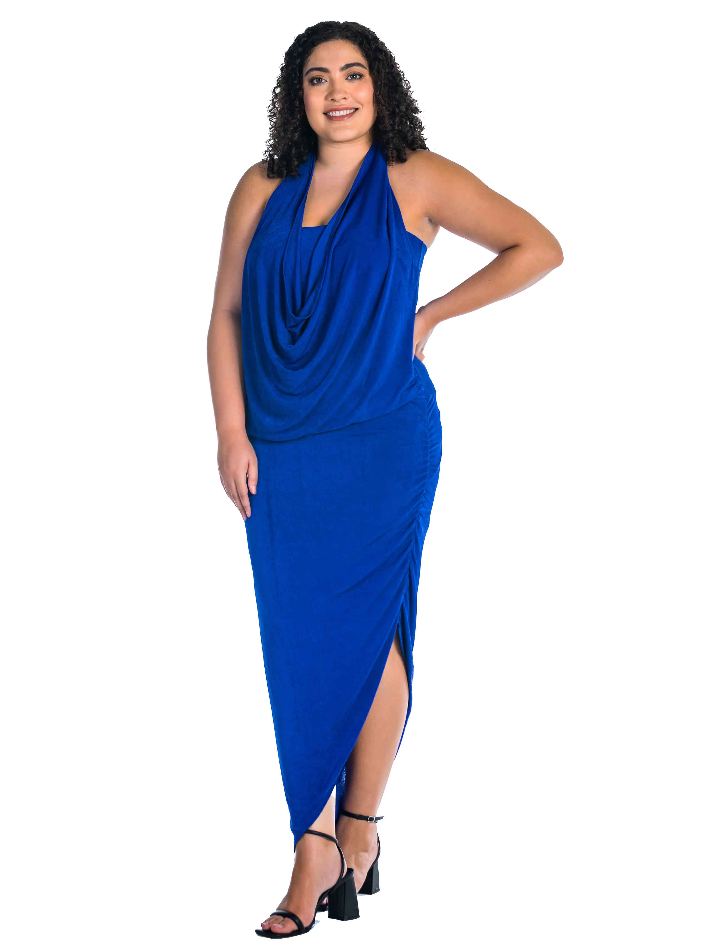 Cowl Neck Long Asymmetrical Backless Plus Size Halter Dress