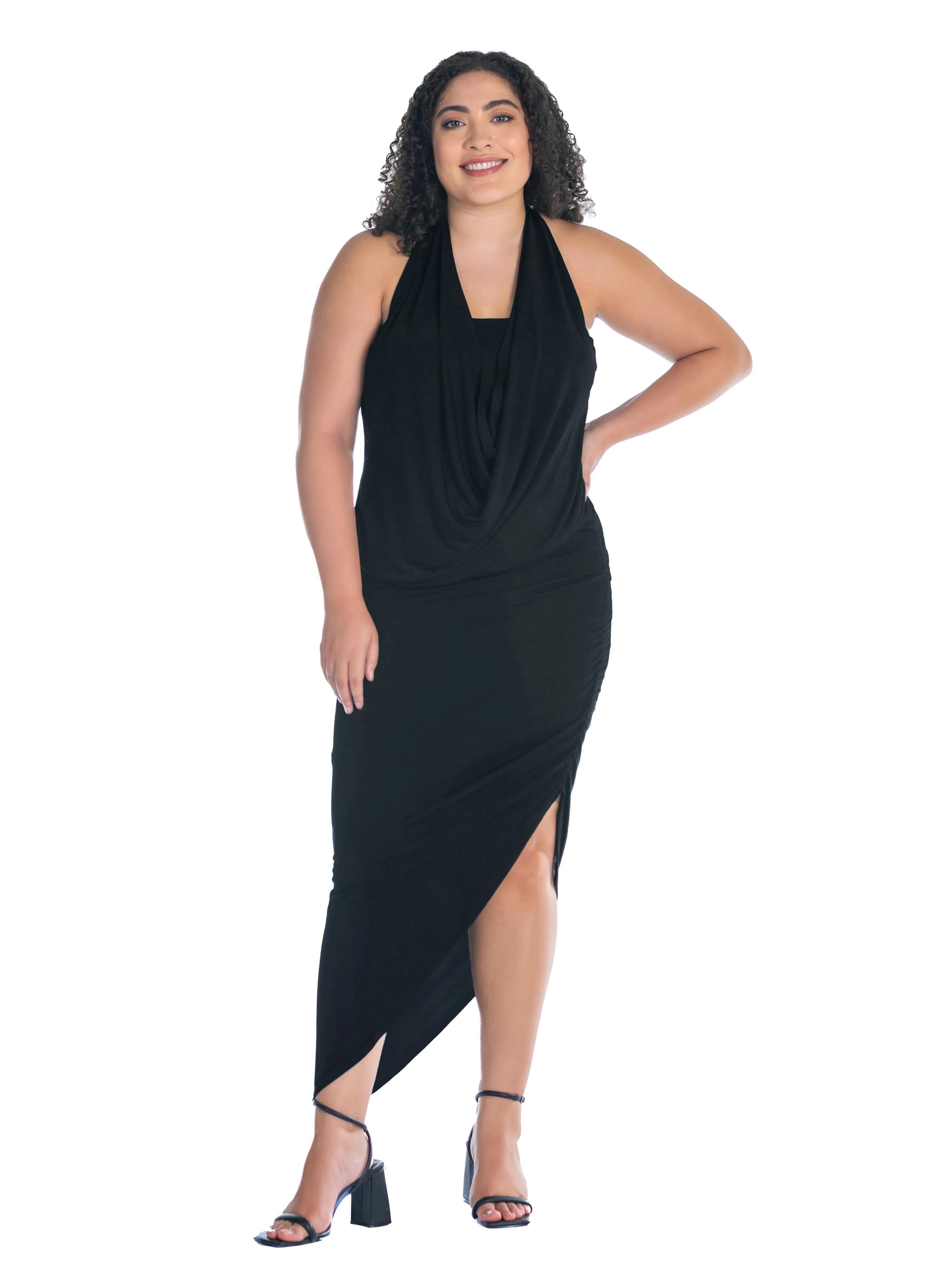 Cowl Neck Long Asymmetrical Backless Plus Size Halter Dress