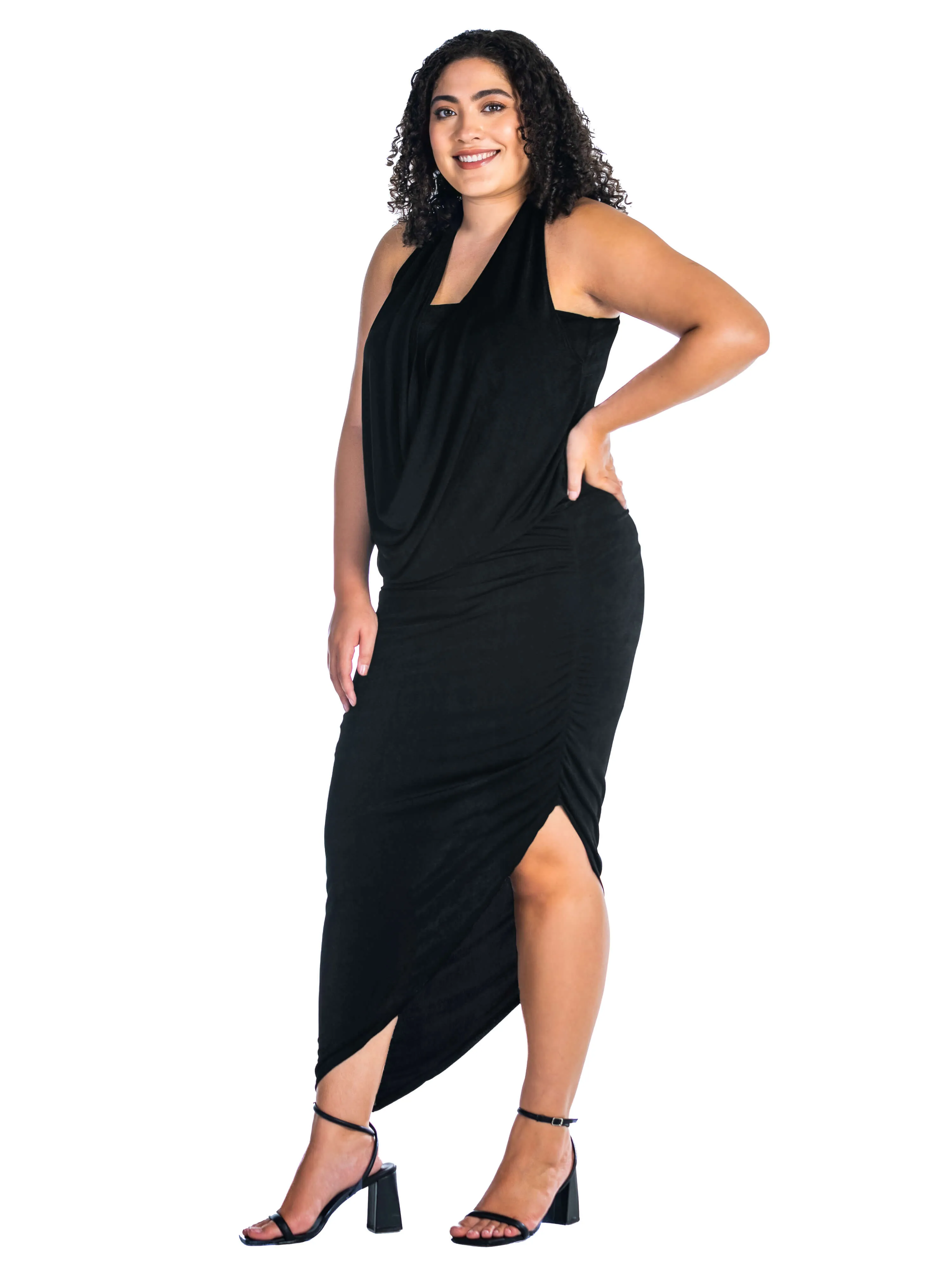 Cowl Neck Long Asymmetrical Backless Plus Size Halter Dress