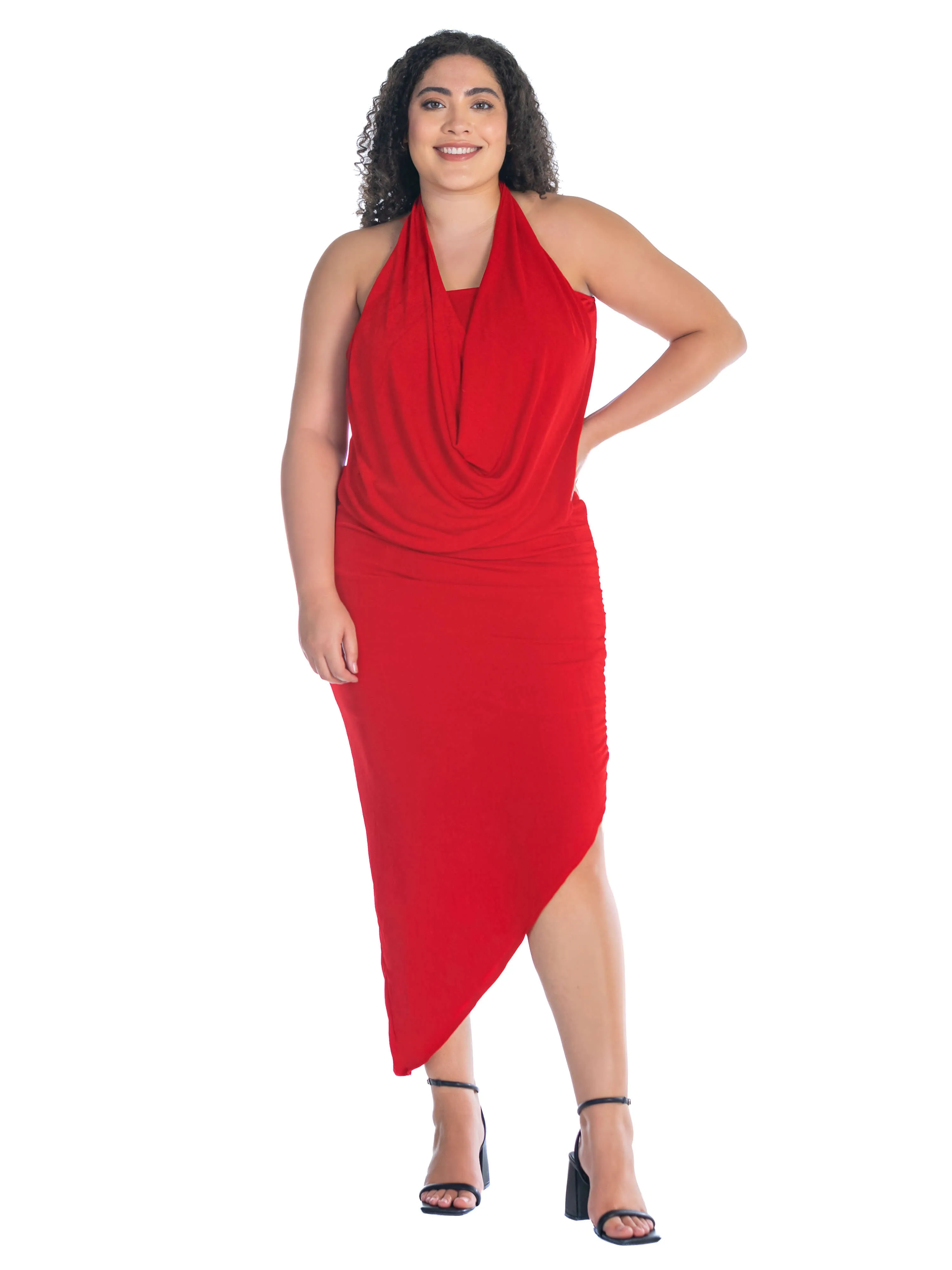 Cowl Neck Long Asymmetrical Backless Plus Size Halter Dress