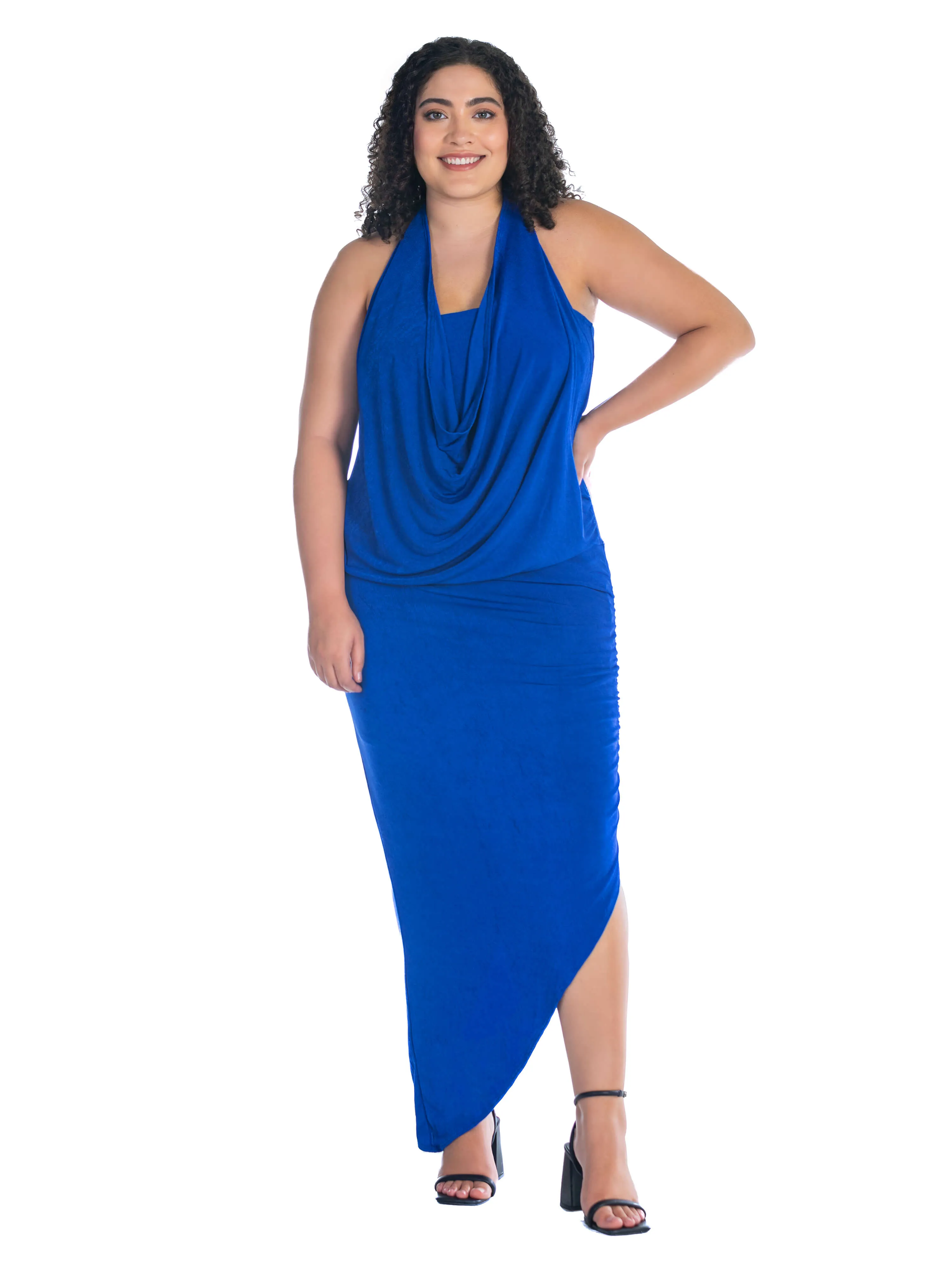 Cowl Neck Long Asymmetrical Backless Plus Size Halter Dress