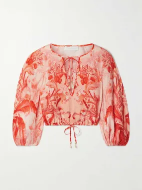 Cropped shell-embellished printed linen top