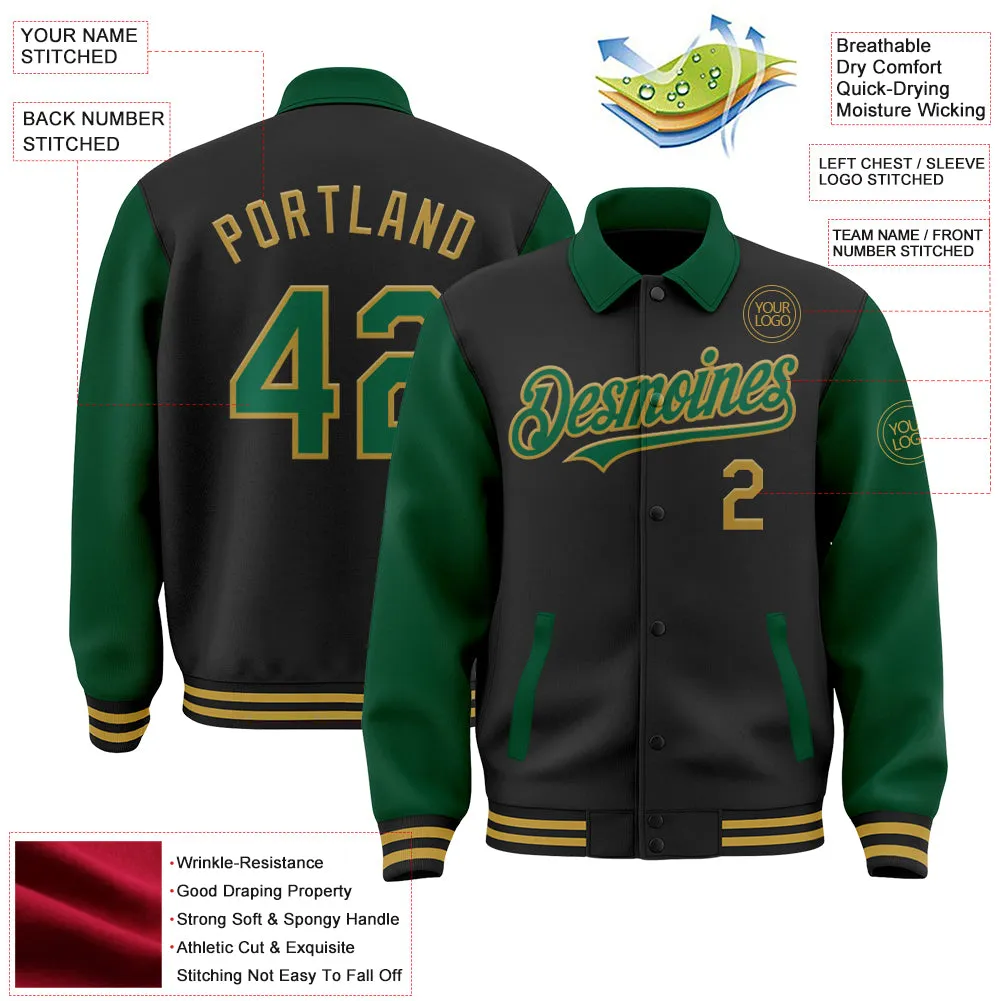 Custom Black Kelly Green-Old Gold Bomber Full-Snap Varsity Letterman Two Tone Lapel Collar Byron Jacket