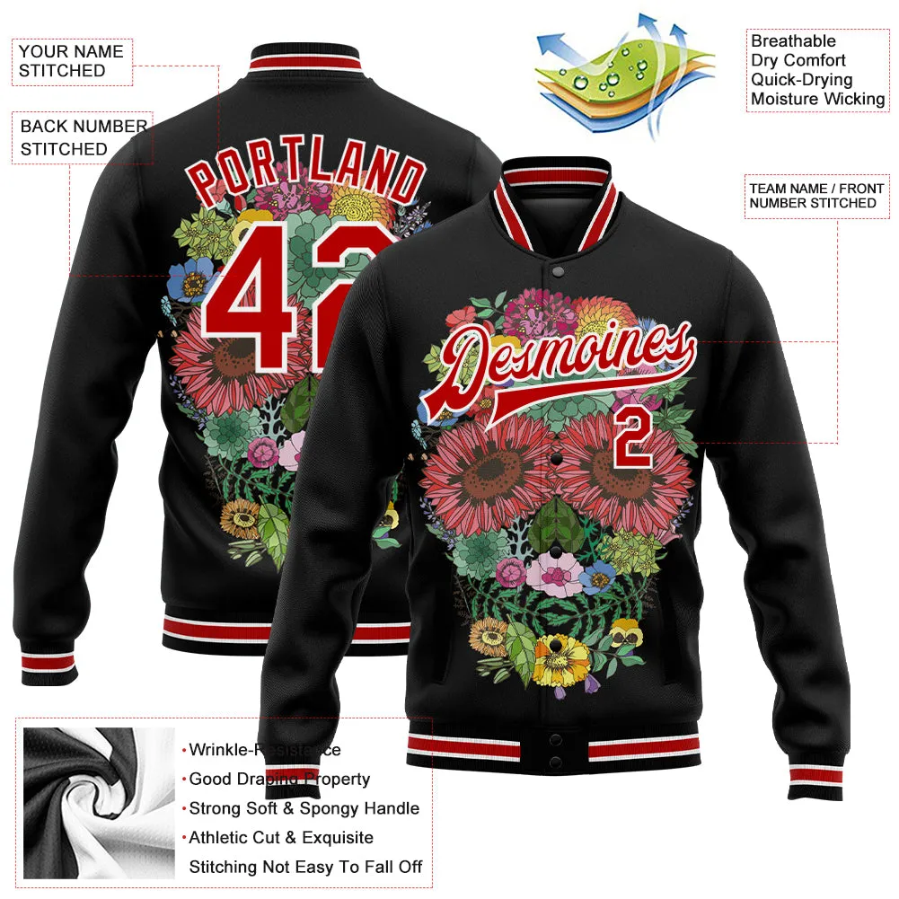 Custom Black Red-White Skull With Flowers 3D Bomber Full-Snap Varsity Letterman Jacket