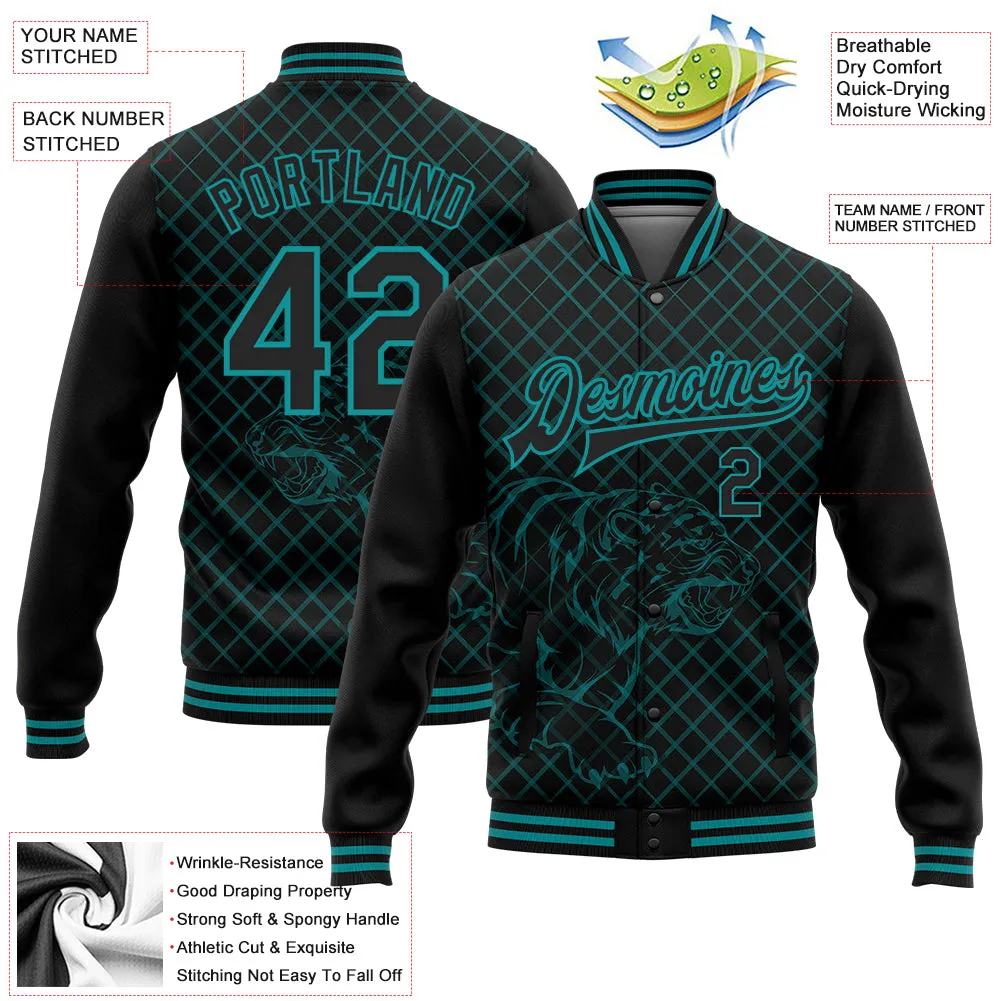 Custom Black Teal Check And Tiger 3D Pattern Design Bomber Full-Snap Varsity Letterman Jacket