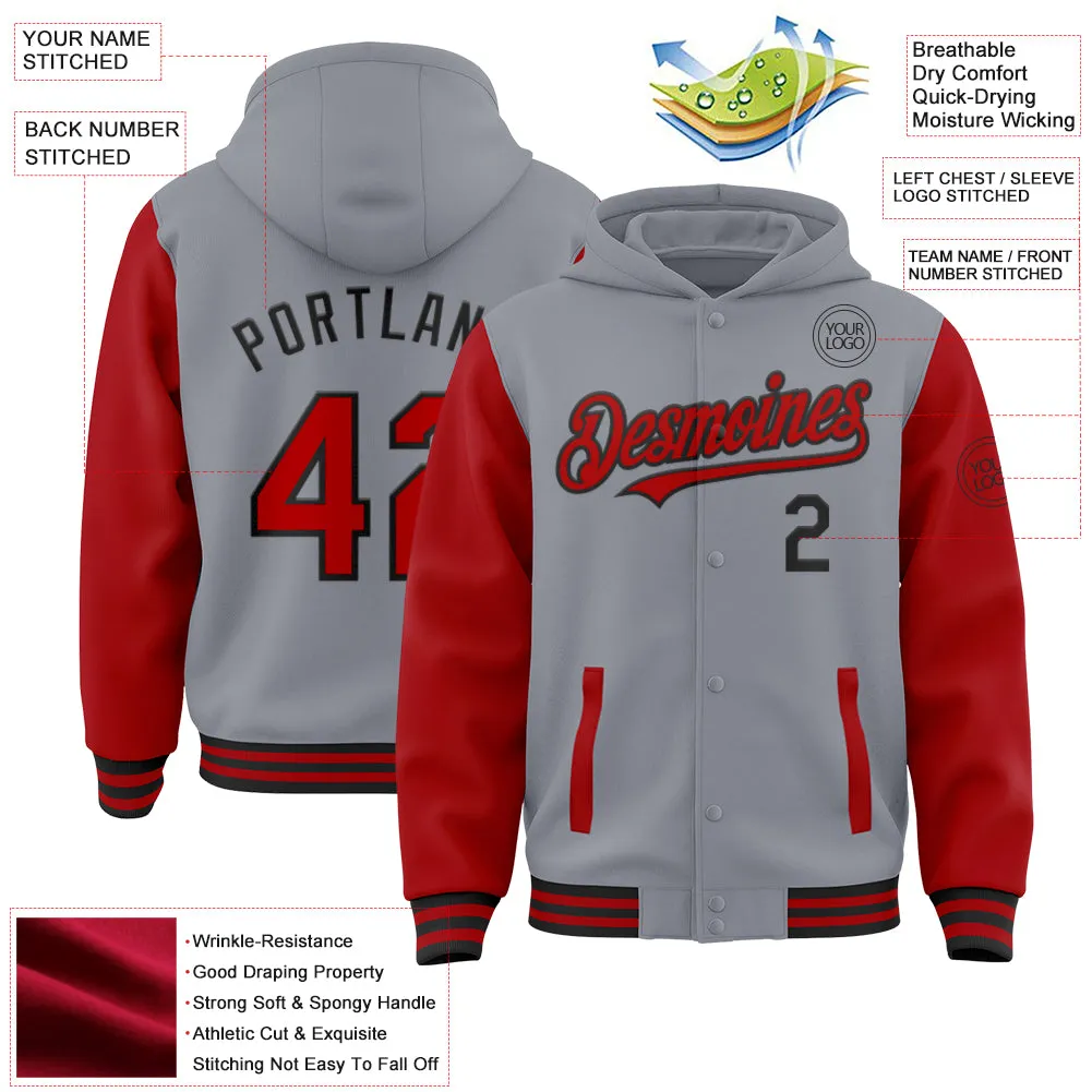 Custom Gray Red-Black Bomber Full-Snap Varsity Letterman Two Tone Hoodie Jacket