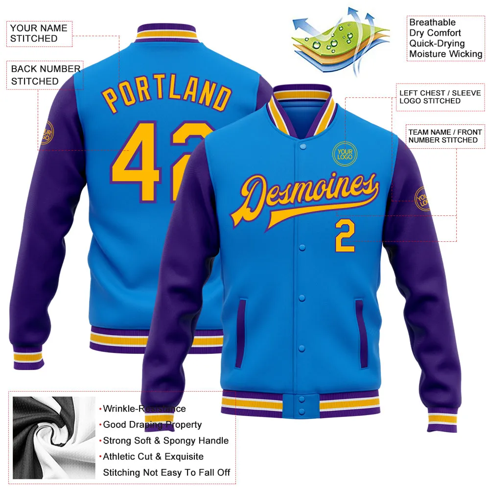 Custom Powder Blue Gold-Purple Bomber Full-Snap Varsity Letterman Two Tone Jacket