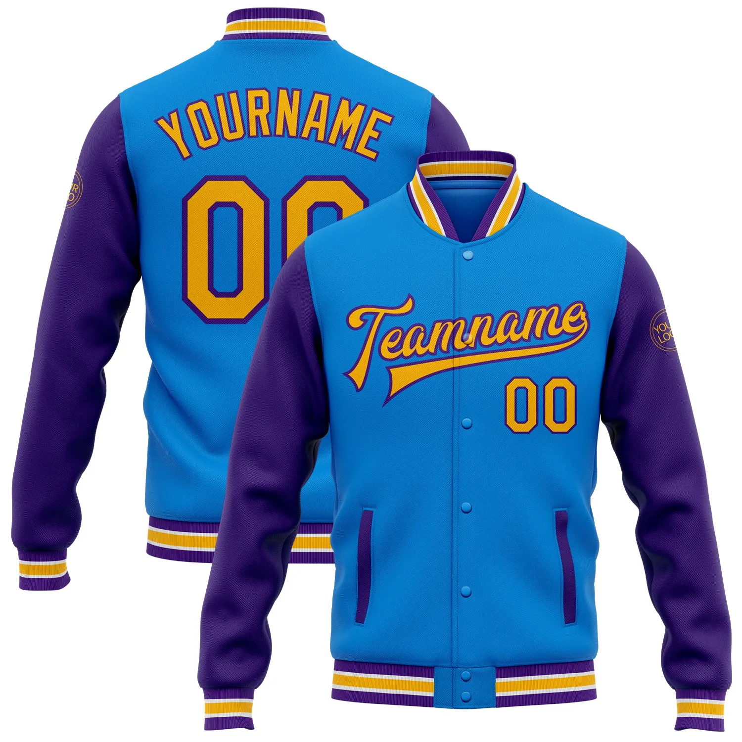 Custom Powder Blue Gold-Purple Bomber Full-Snap Varsity Letterman Two Tone Jacket