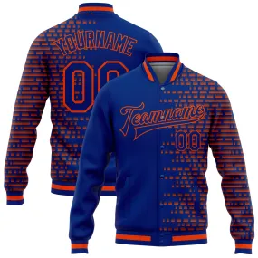 Custom Royal Orange Halftone 3D Pattern Design Bomber Full-Snap Varsity Letterman Jacket