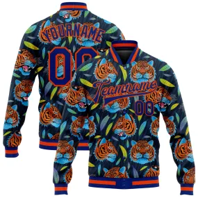 Custom Royal Royal-Orange Red Tiger Head In Colorful Jungle 3D Pattern Design Bomber Full-Snap Varsity Letterman Jacket