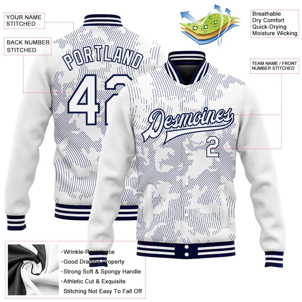 Custom White Navy 3D Pattern Design Bomber Full-Snap Varsity Letterman Jacket