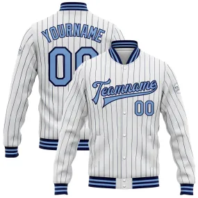 Custom White Navy Pinstripe Light Blue Bomber Full-Snap Varsity Letterman Jacket