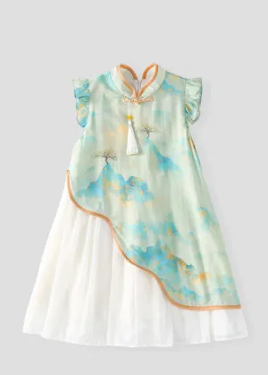 Cute Green Stand Collar Chiffon Patchwork Kids Chiffon Maxi Dress Short Sleeve MN001