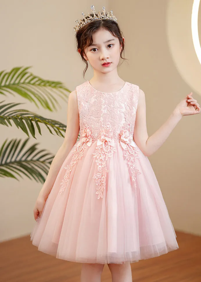 Cute Pink O-Neck Floral Pearl Tulle Girls Maxi Dress Sleeveless XZ049