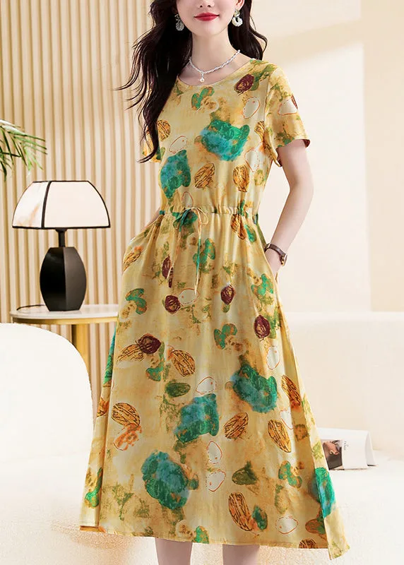 Cute Yellow Print Tie Waist Maxi Dresses Short Sleeve VB1019