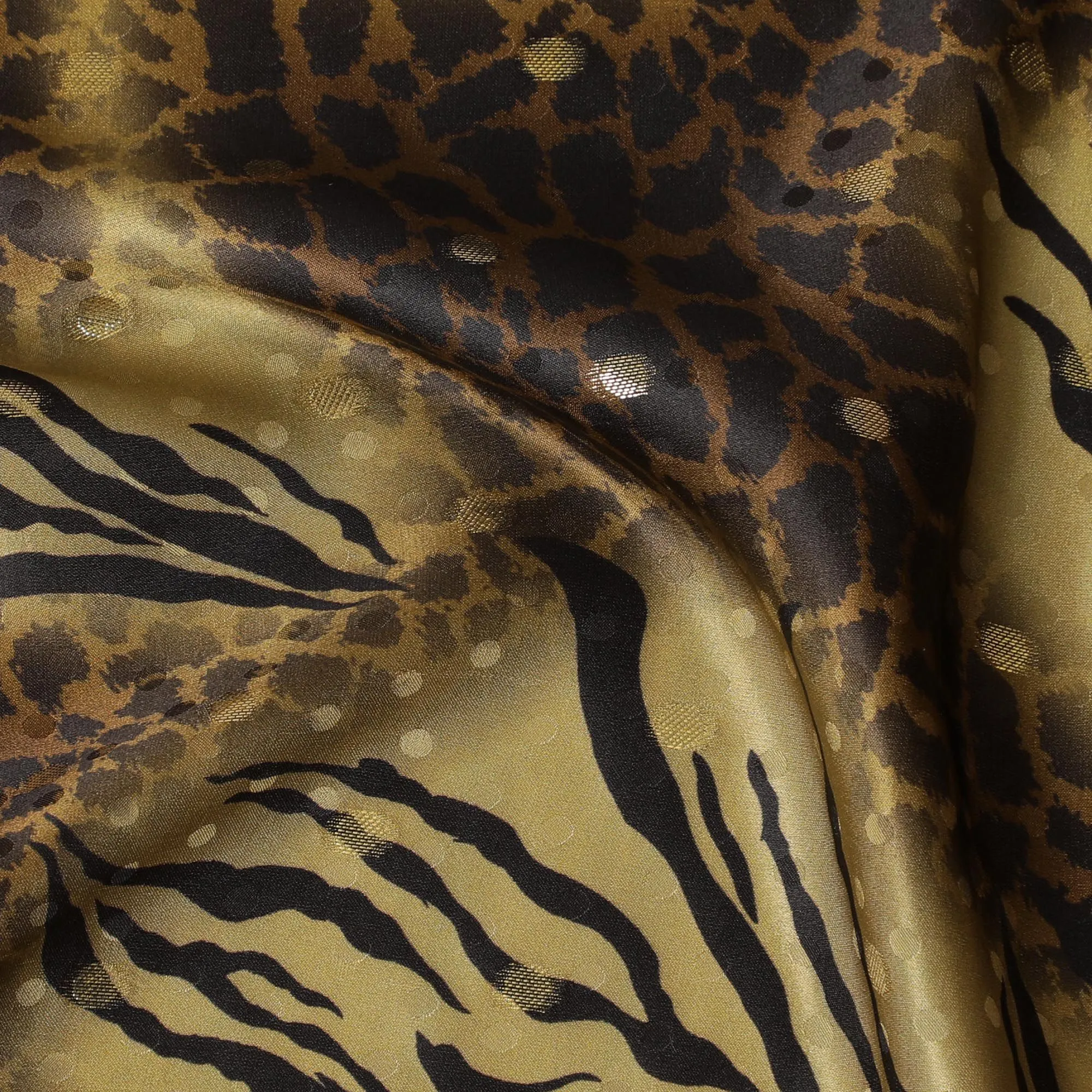 Dark gold Premium pure silk satin fabric with mustard, black print having gold metallic lurex in animal skin design-D17067