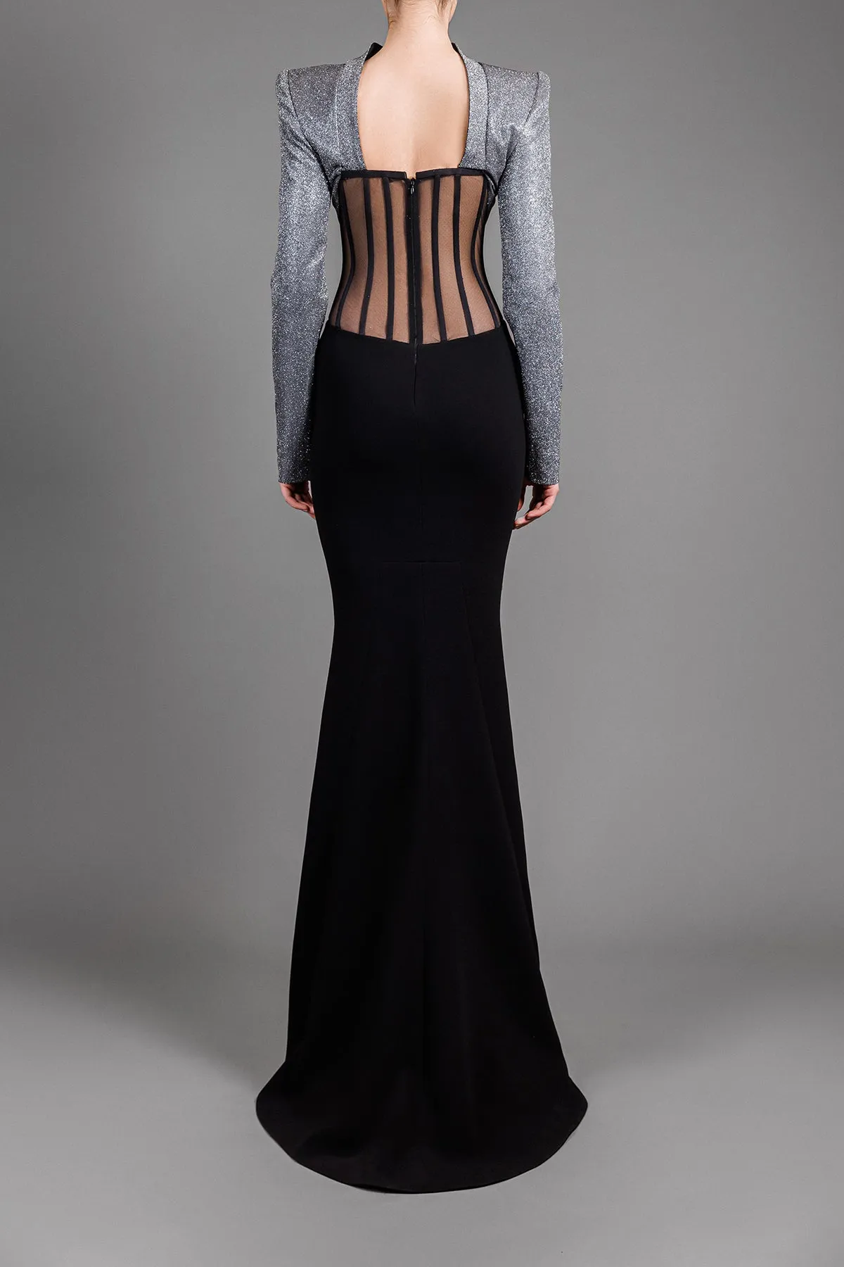 Dark silver and black dress in lurex and crêpe with visible waist corset