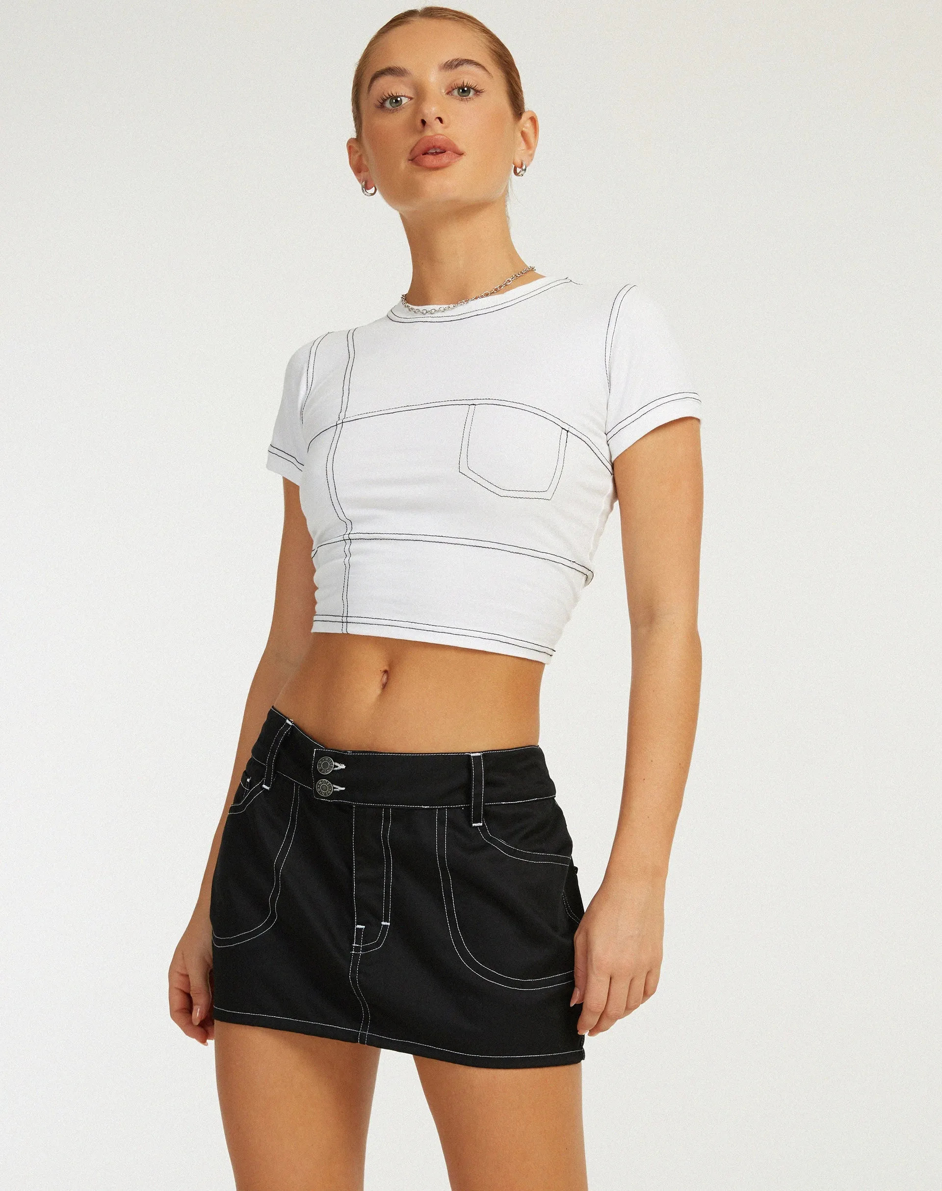 Dipta Mini Skirt in Black with White Stitch