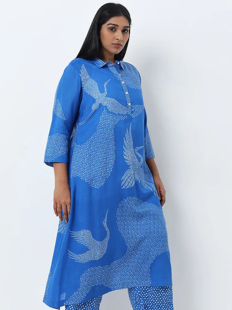 Diza Blue Bandhani Pattern A-Line Collared Cotton Kurta