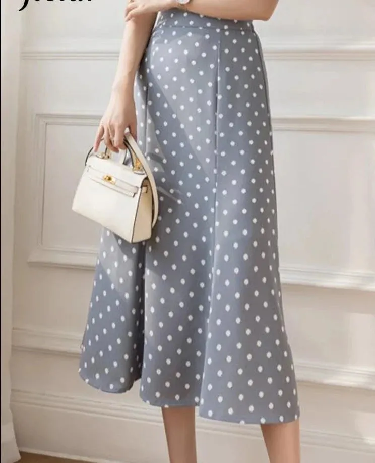 Dot A-line Midi Skirt High Waist Slight Stretch Casual Printed Women Skirts Summer Vacation Female Streetwear Outfits