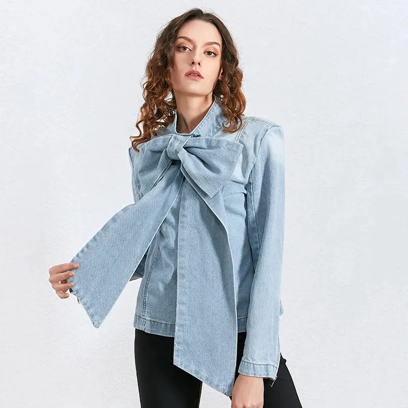 Elegant Bowknot Jacket Shirt For Women Stand Collar Long Sleeve Patchwork Zipper Slim Casual Jackets Female Fashion