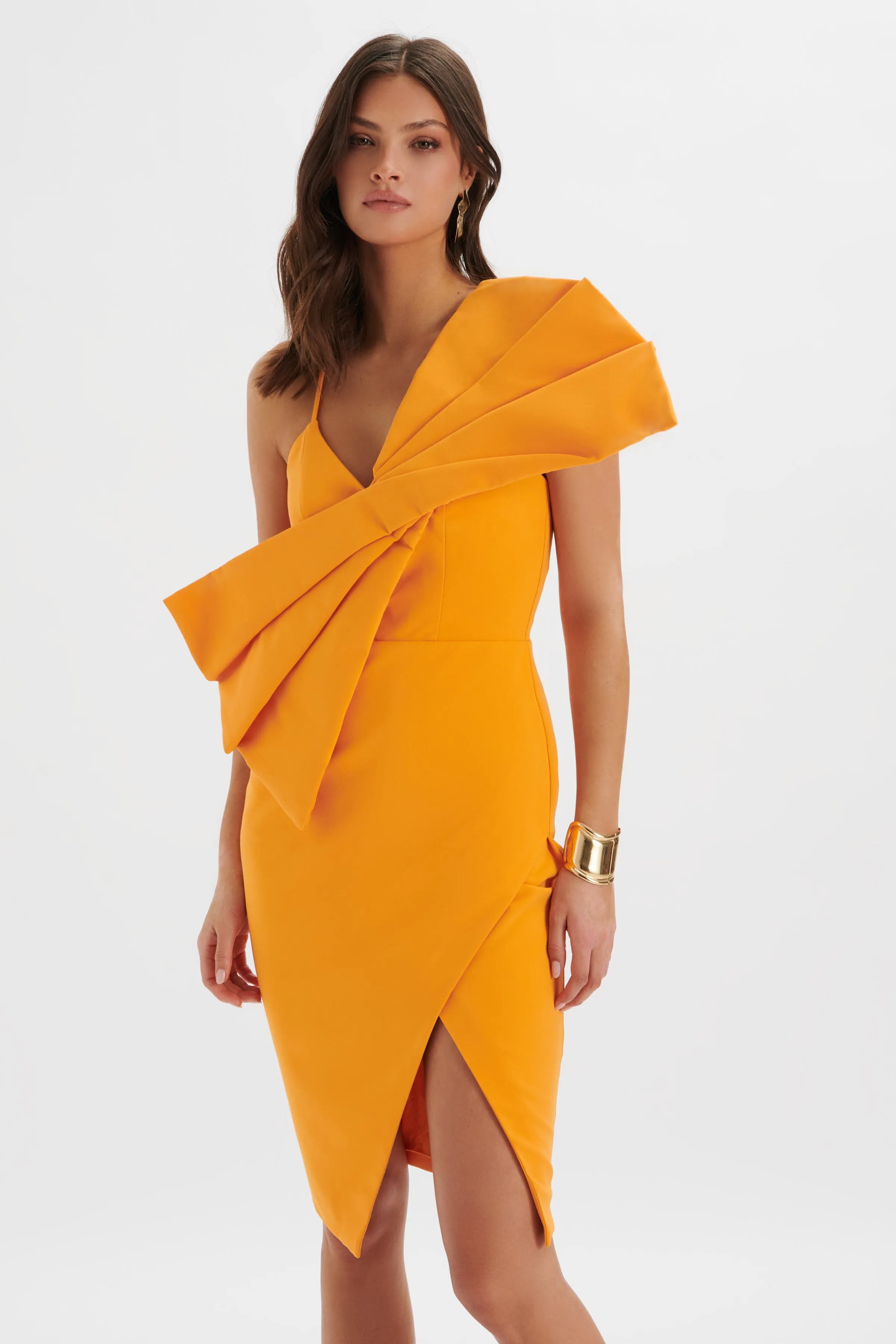 ESTHER Bow Detail Wrap Skirt Midi Dress In Orange