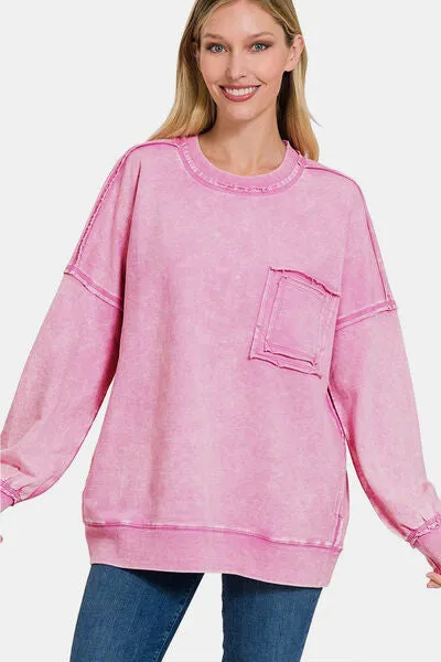 Exposed Seam Round Neck Dropped Shoulder Sweatshirt