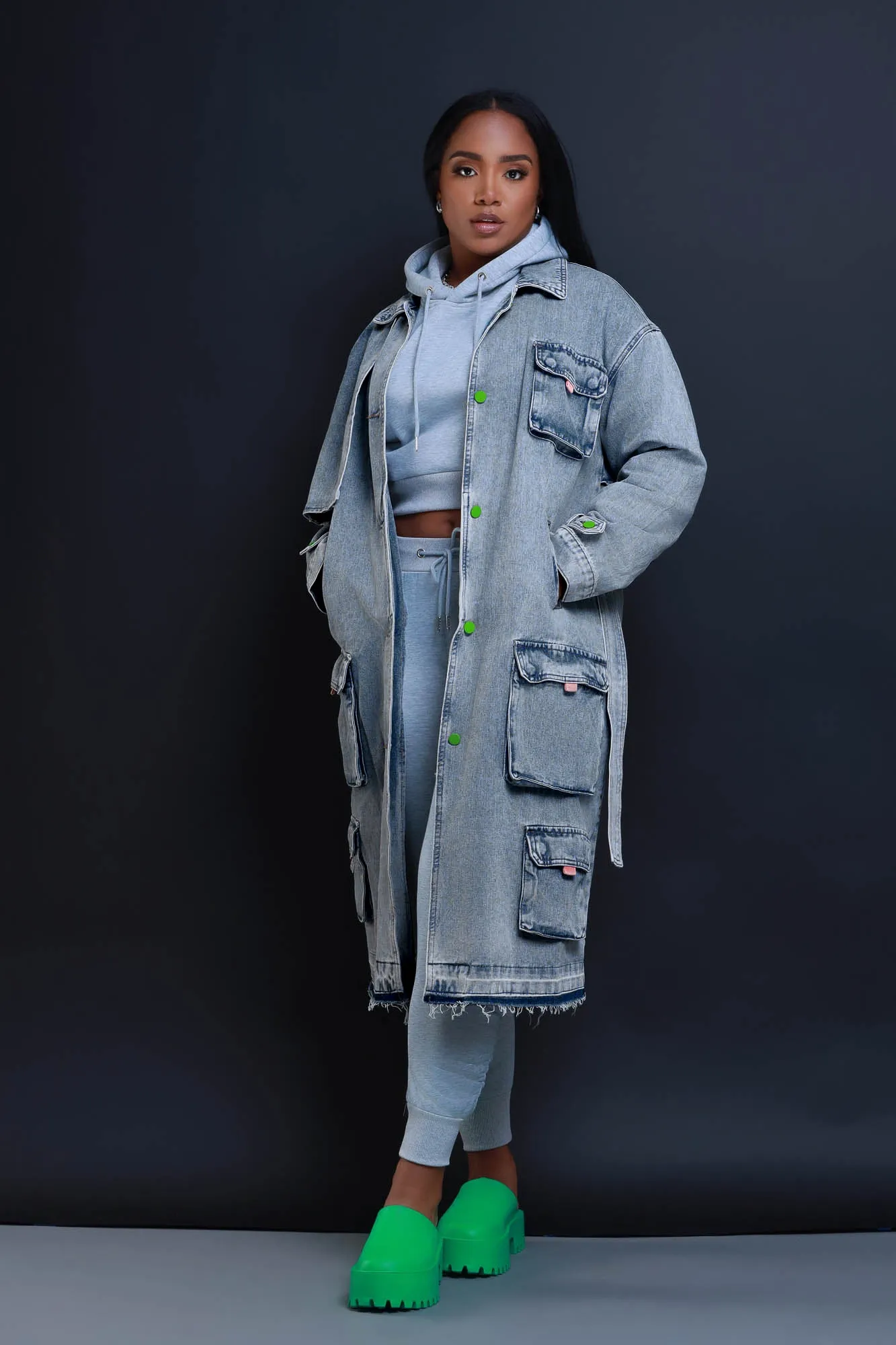 Eye To Eye Denim Cargo Trench Coat - Medium Wash