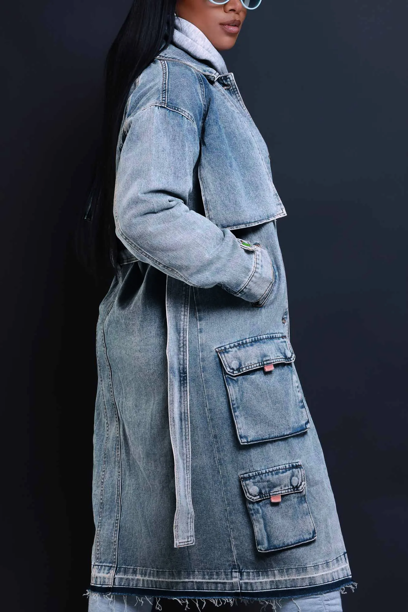 Eye To Eye Denim Cargo Trench Coat - Medium Wash