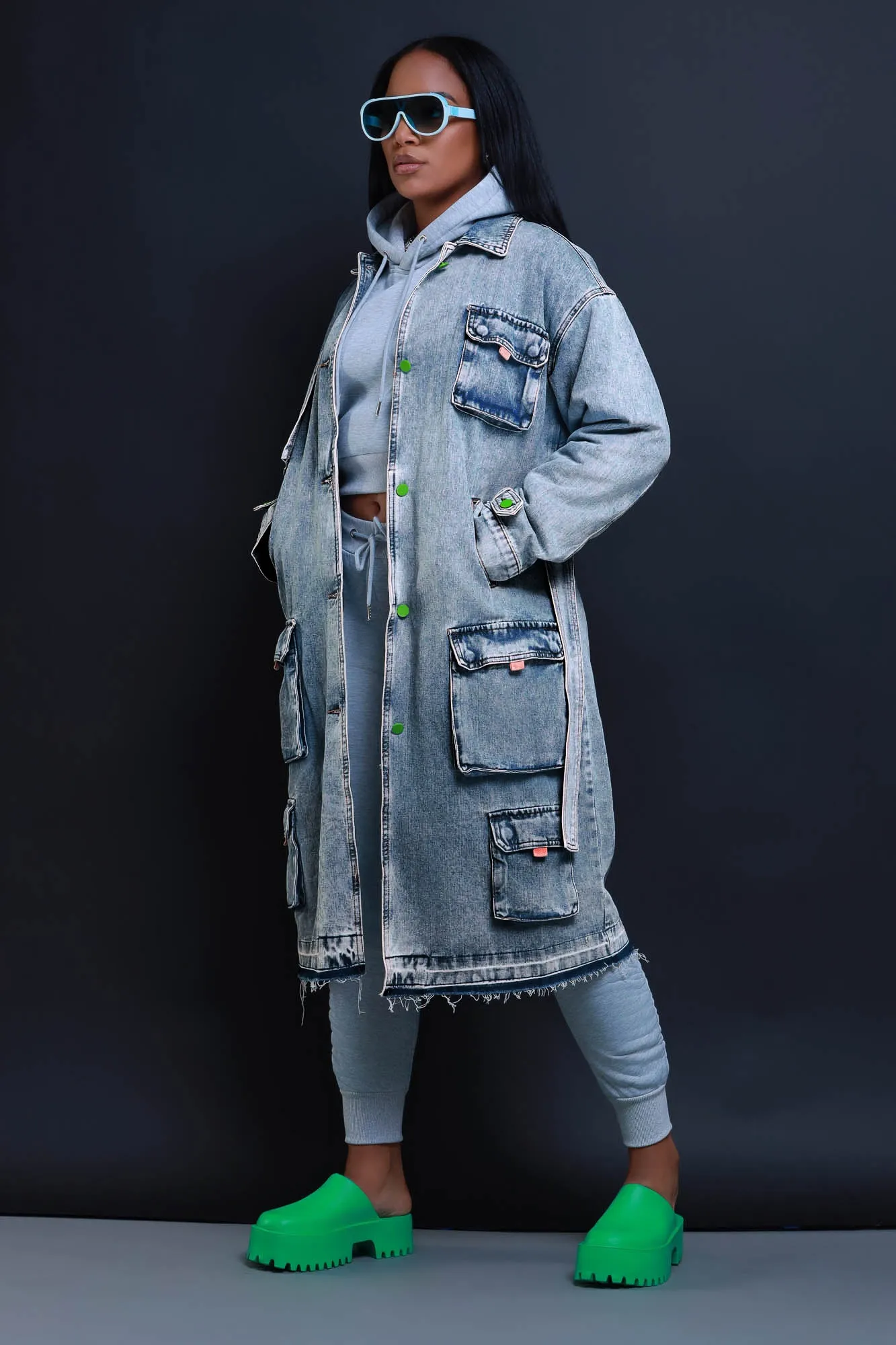 Eye To Eye Denim Cargo Trench Coat - Medium Wash