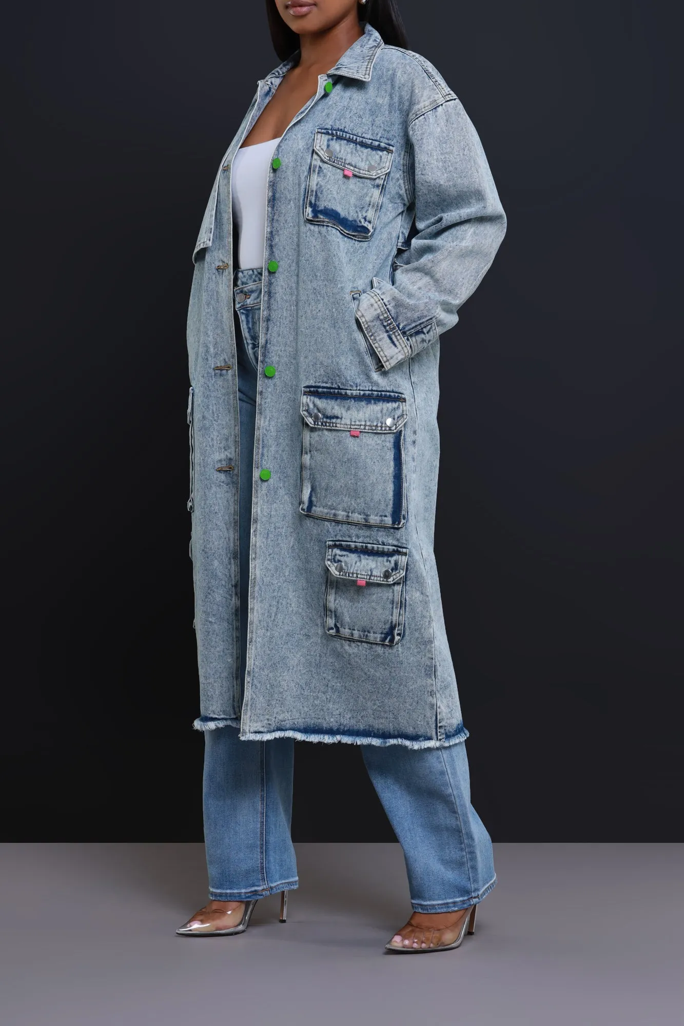 Eye To Eye Denim Cargo Trench Coat - Medium Wash