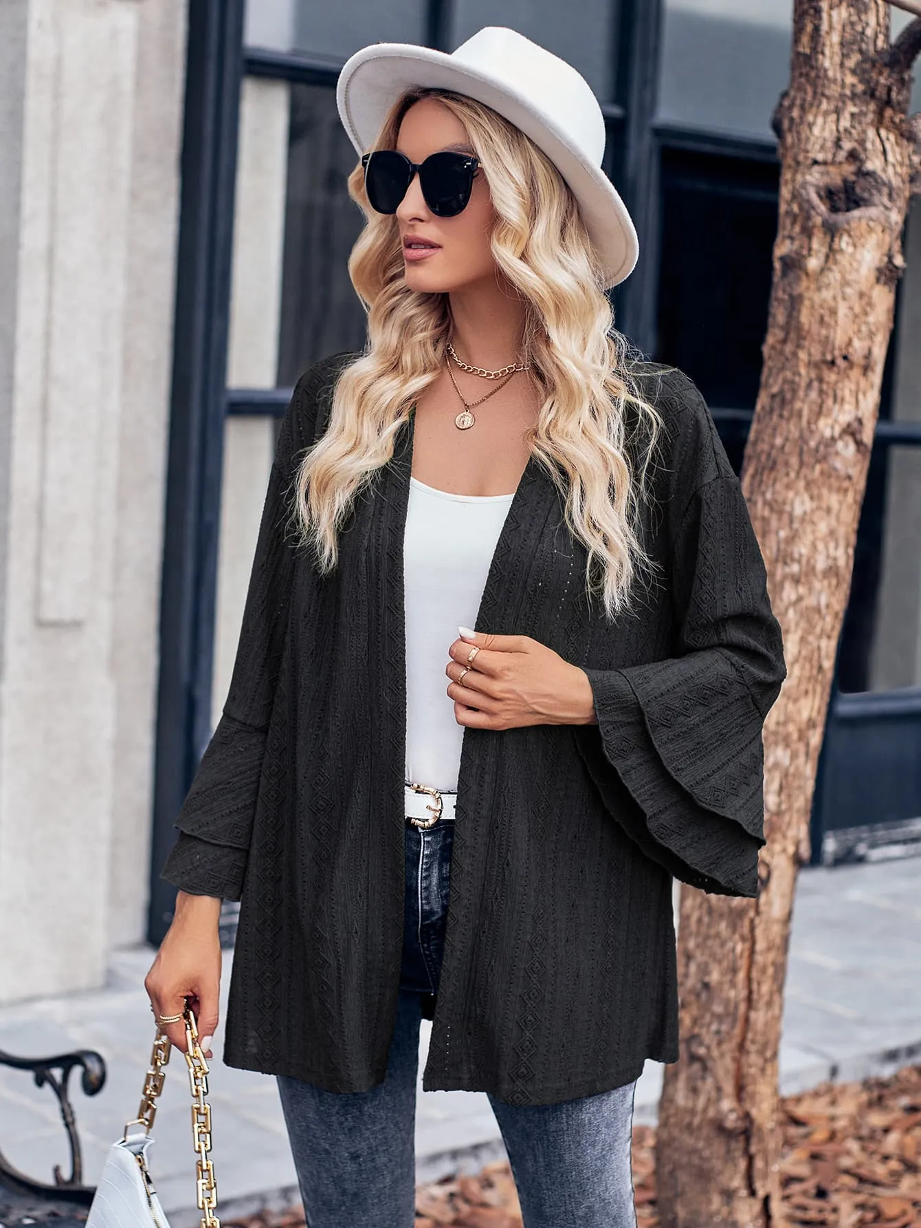 Eyelet Bell Sleeve Cardigan