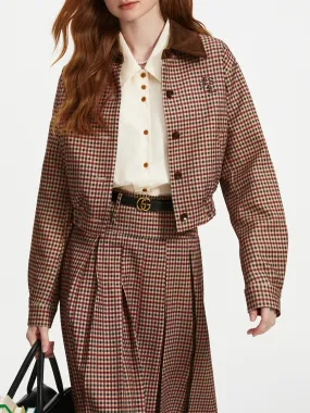 Fashionkova  Women Jacket Skirt Sets Red Brown Retro Plaid Female Drop Sleeve Casual Short Coats Pleated Skirt 24FS13343 24FS13347