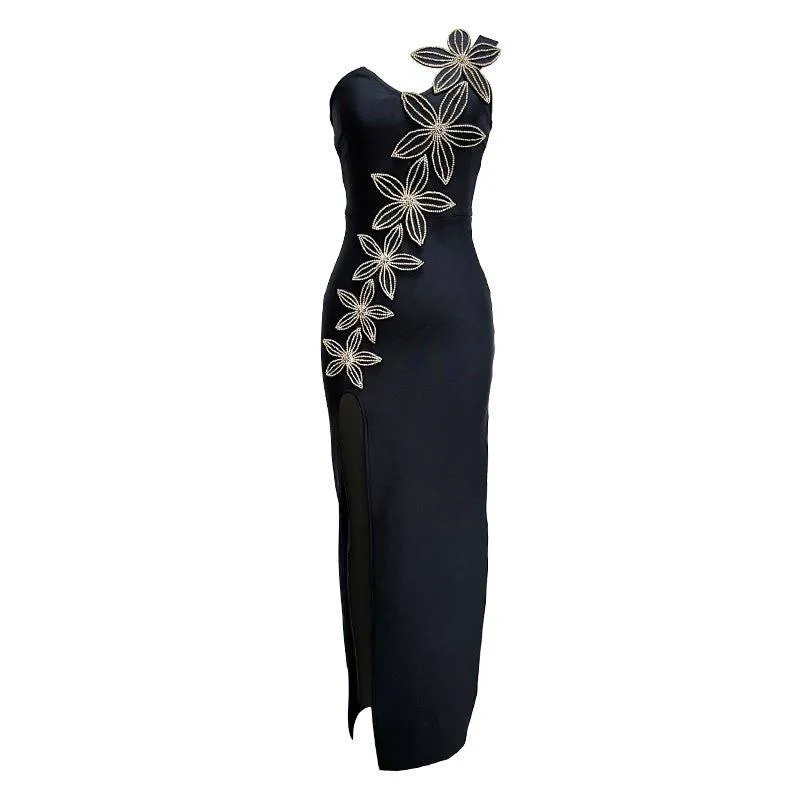 Faye One-Shoulder Gown Appliqued With Floral Embellishments Dress