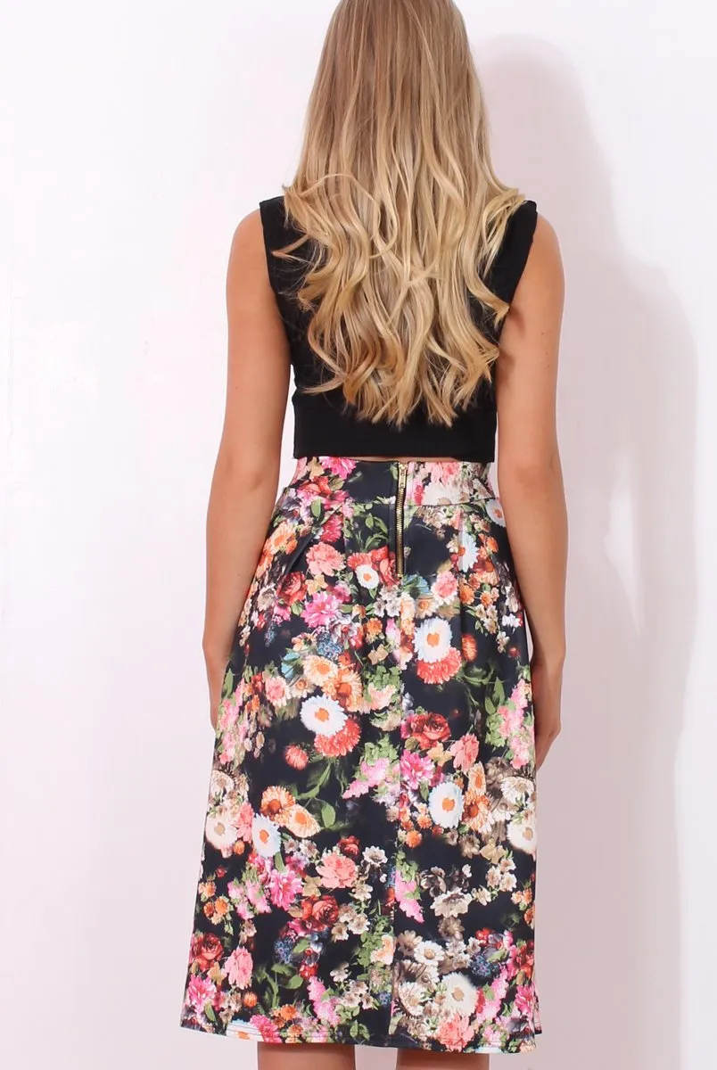 Fergi Black Floral Print Midi Skirt