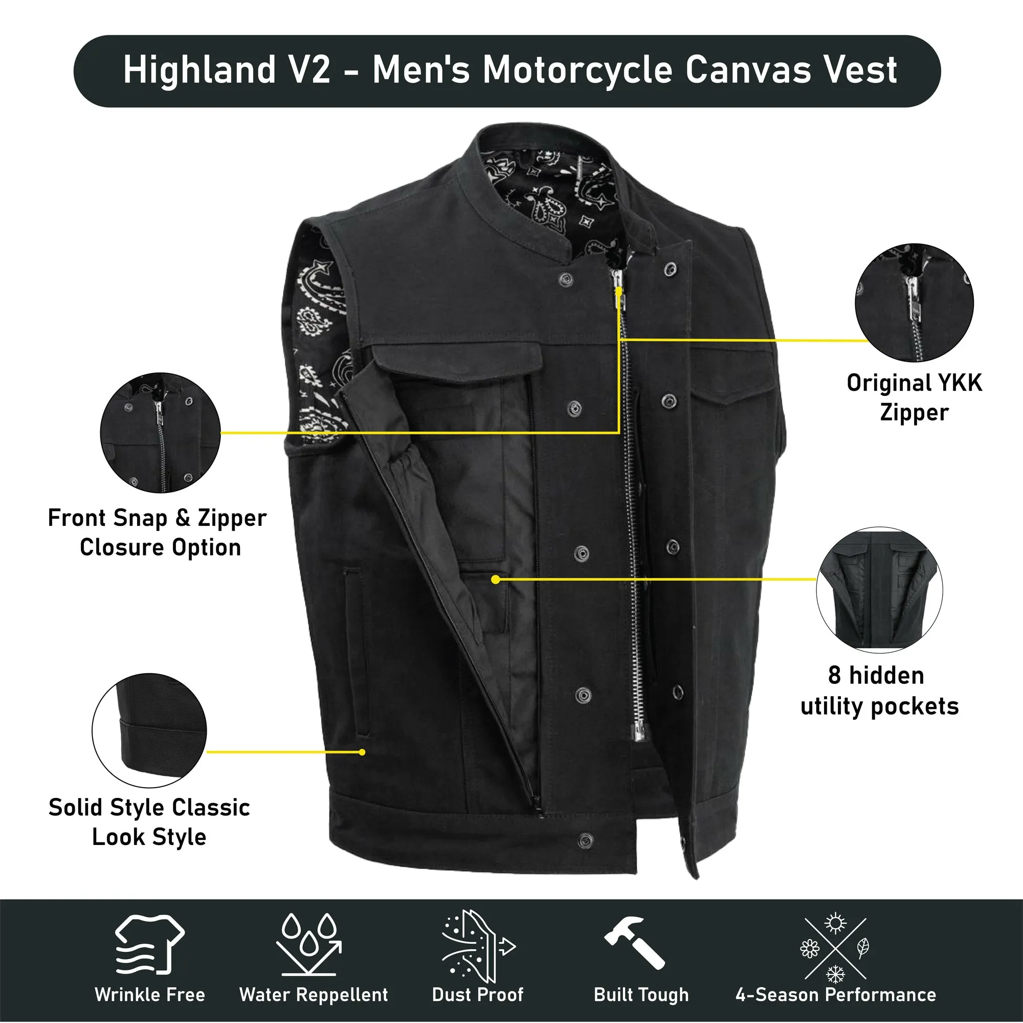 FIM692CNVS Highland V2 - Men's Motorcycle Canvas Vest Conceal Carry Pockets,