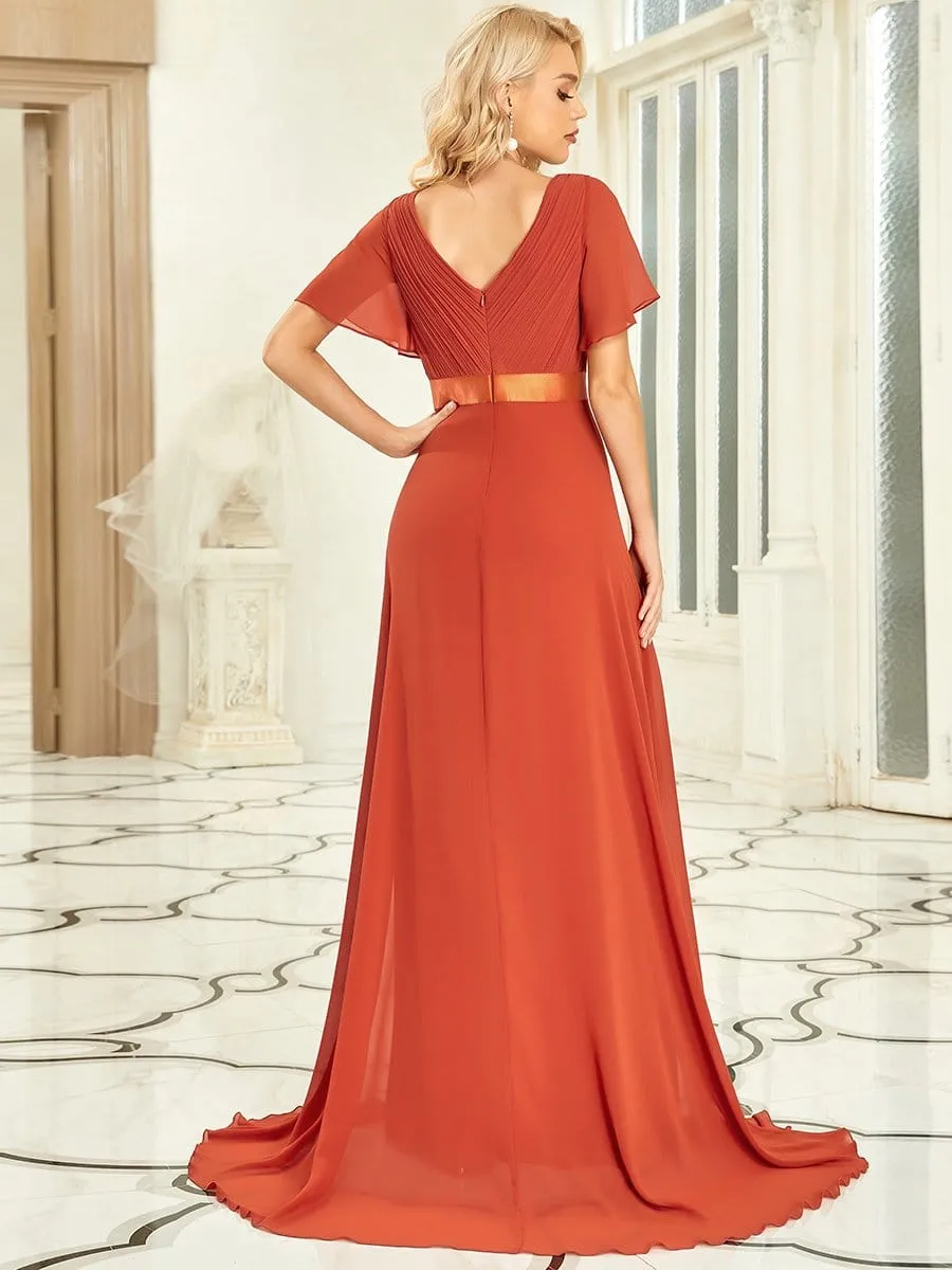 Flutter Sleeves Empire Waist Long Chiffon Evening Dress