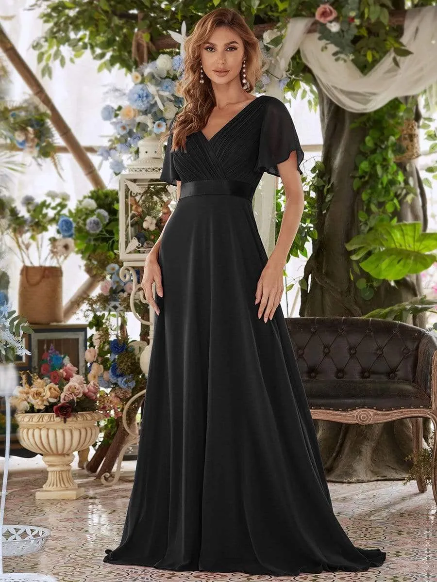 Flutter Sleeves Empire Waist Long Chiffon Evening Dress