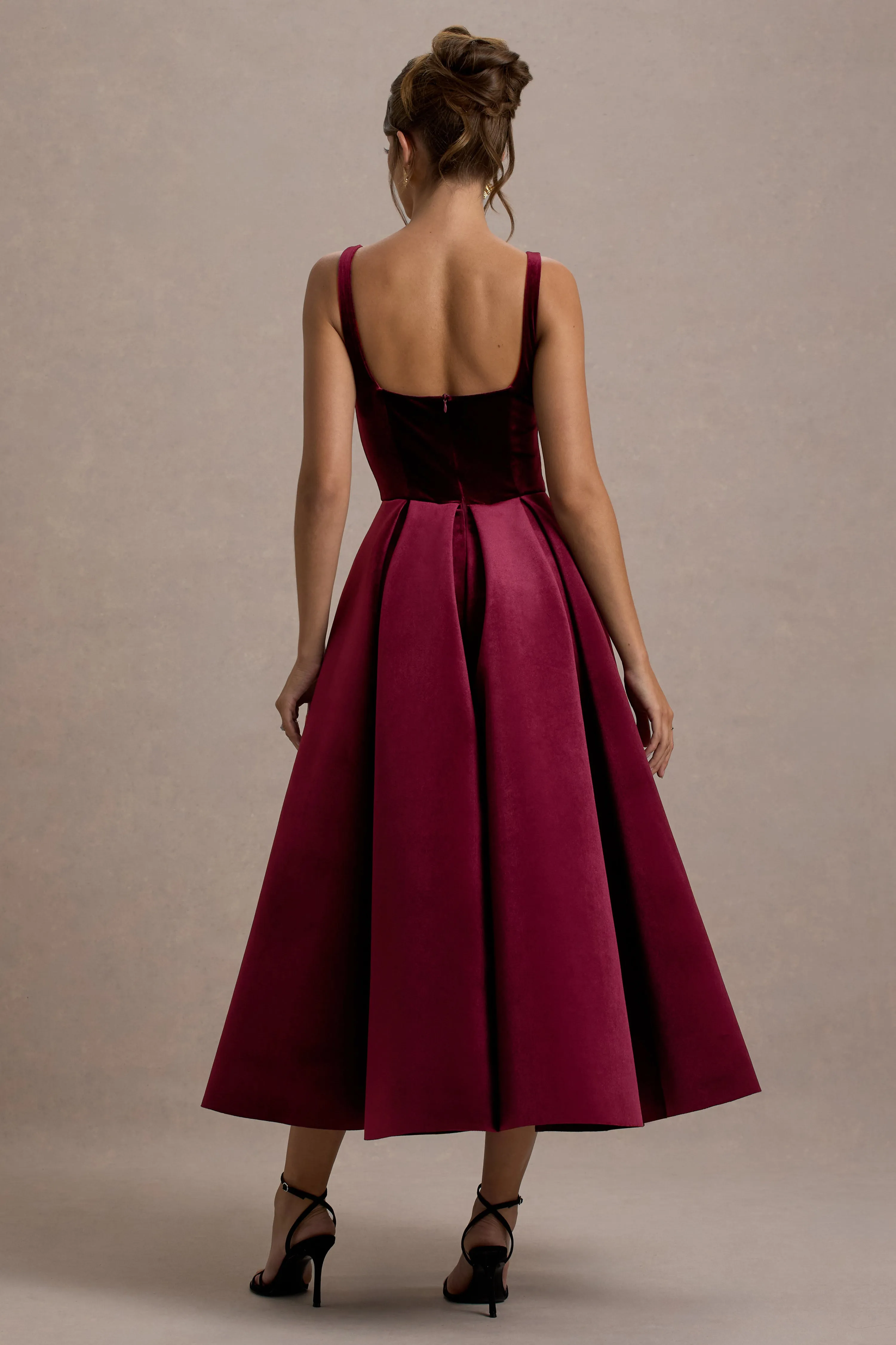 Francisca | Berry Velvet Strappy Volume-Hem Maxi Dress