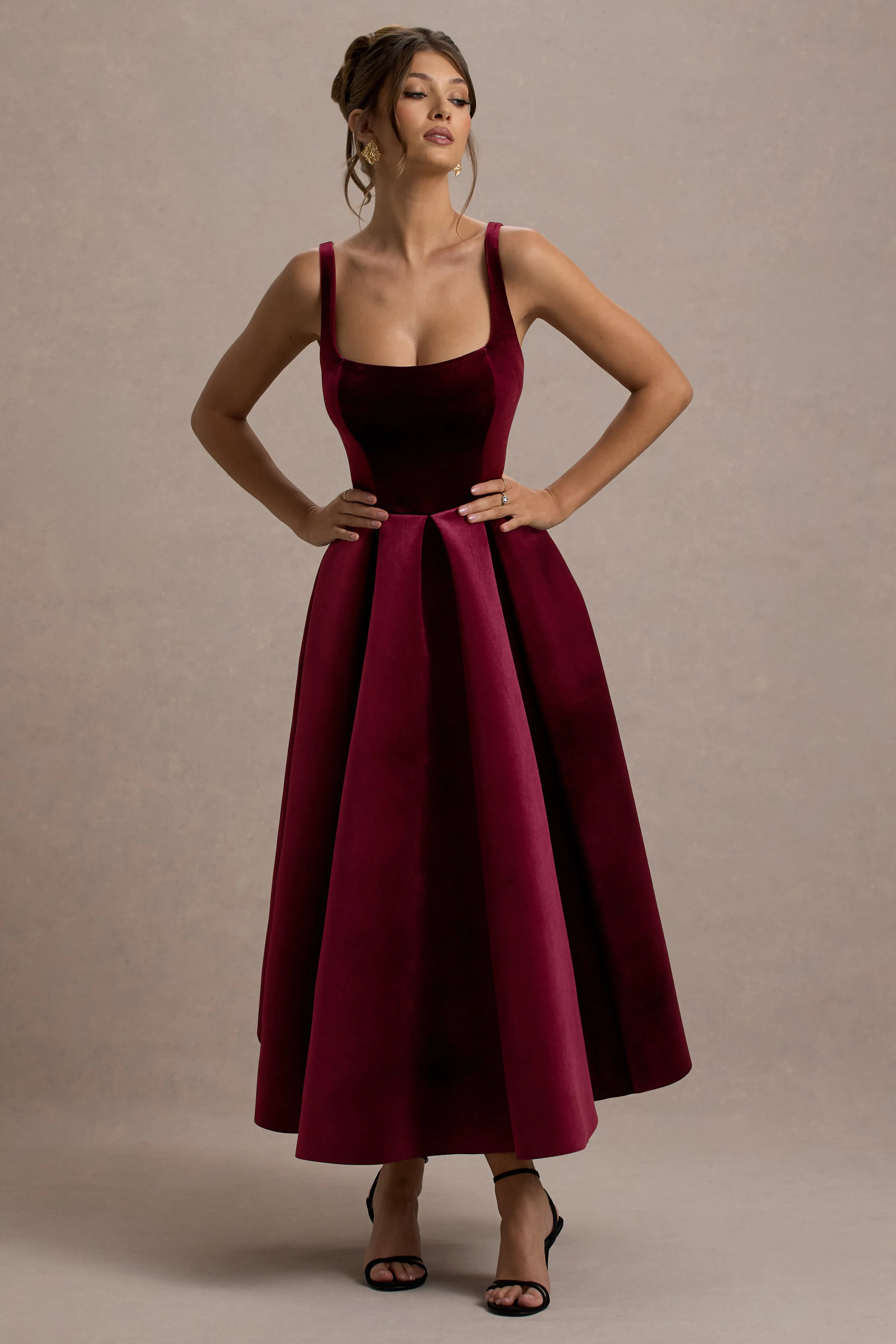 Francisca | Berry Velvet Strappy Volume-Hem Maxi Dress