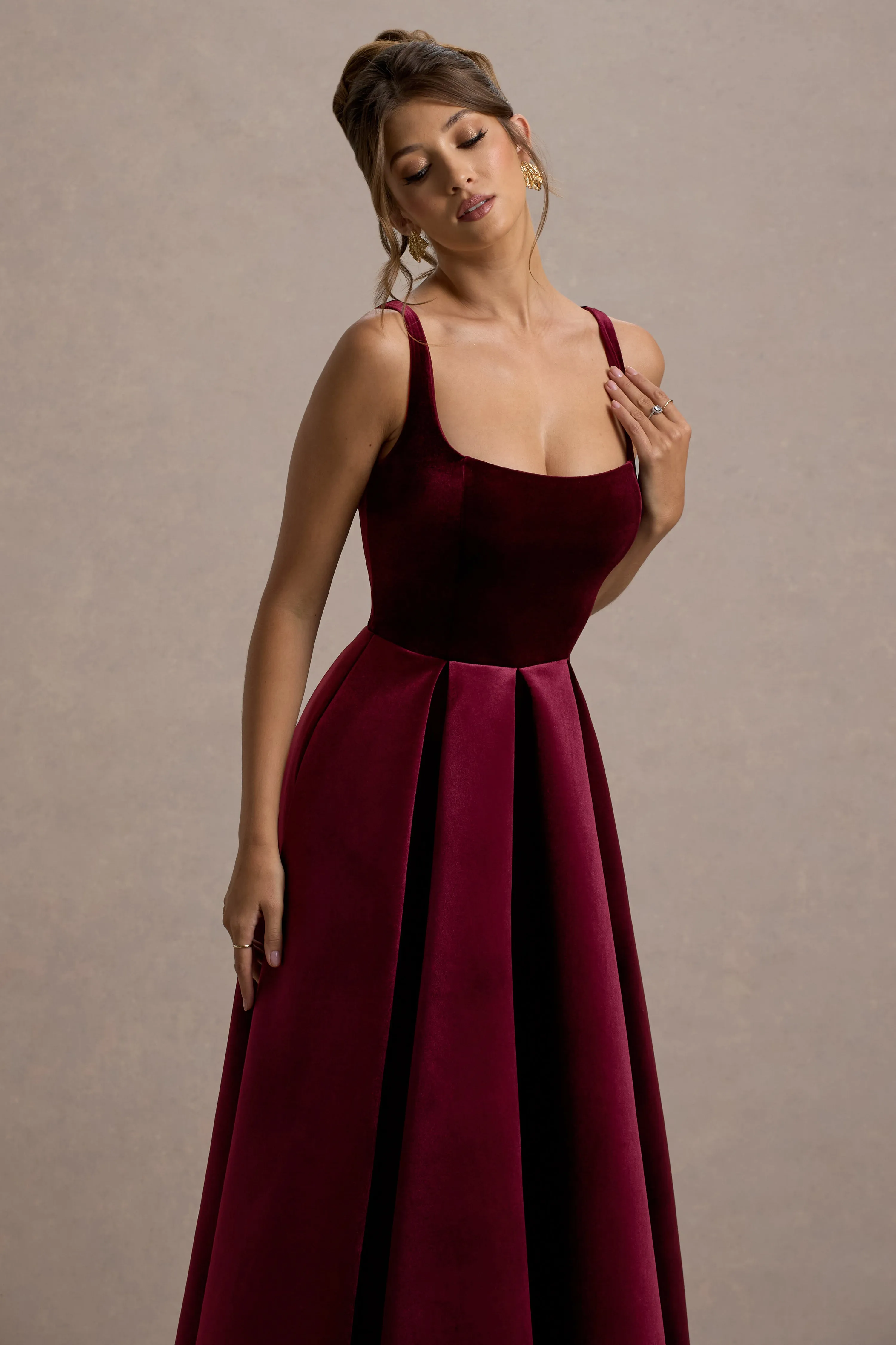 Francisca | Berry Velvet Strappy Volume-Hem Maxi Dress