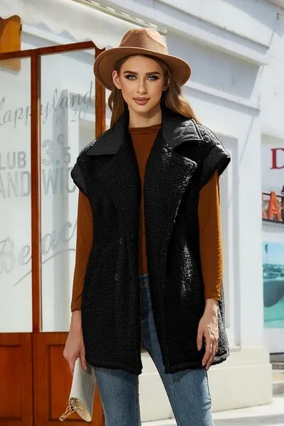 Fuzzy Collared Neck Button Up Vest Coat