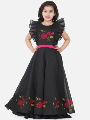 Girls Black Embroidered Flutter Sleeves Maxi Dress