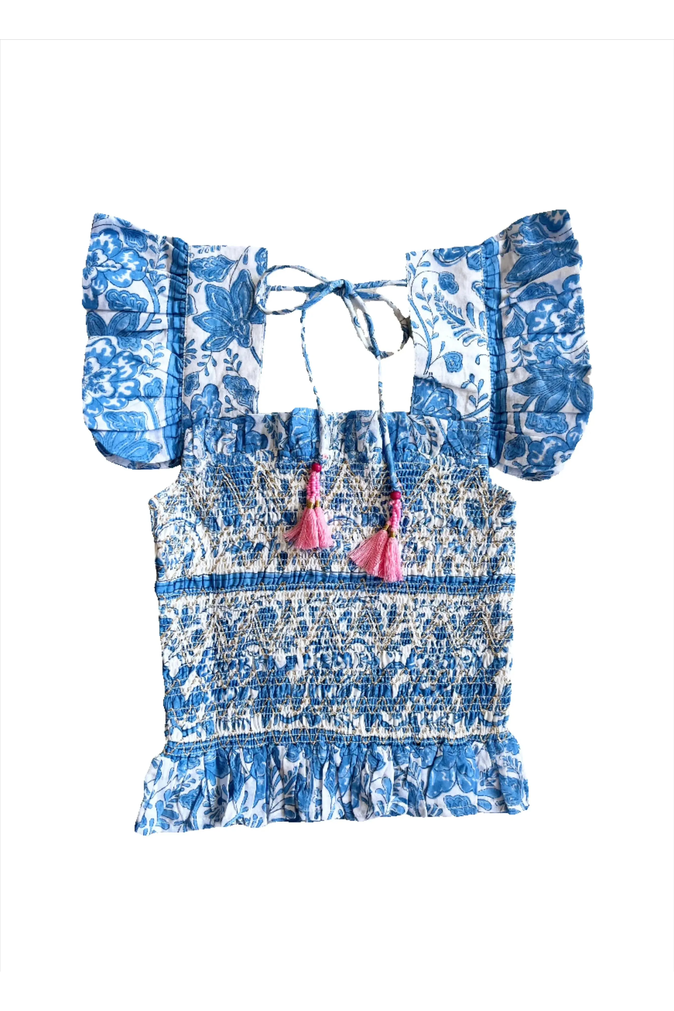 Girl's Blue Floral Print Smocked Sleeveless Top