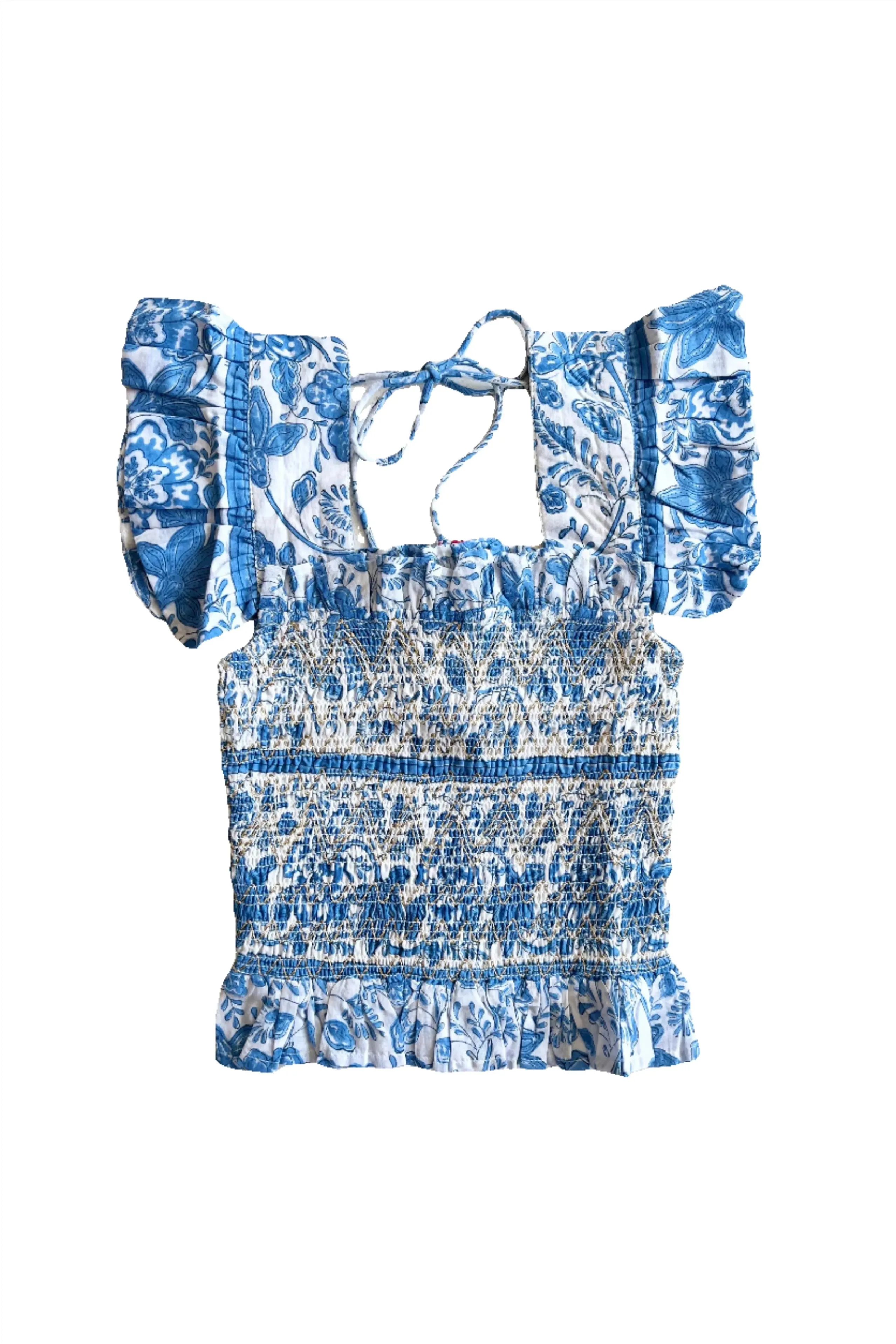 Girl's Blue Floral Print Smocked Sleeveless Top