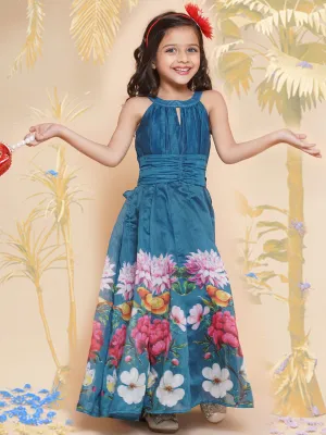 Girls Blue Flower Digital Printed Fit & Flared Maxi Dress.